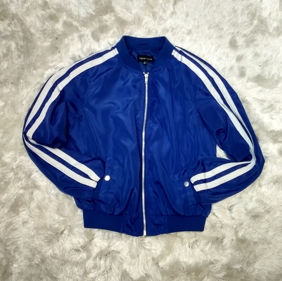 blue jacket with white stripes